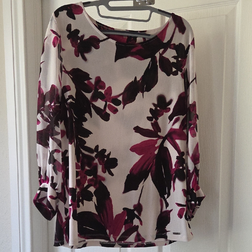 Calvin Klein White Long-Sleeve Top with Plum Floral Print